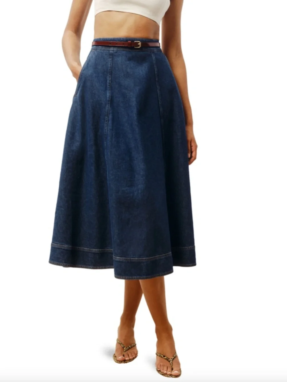 Reformation Jeans Delilah Denim Midi Skirt in Roosevelt, Size 29, Organic Cotton